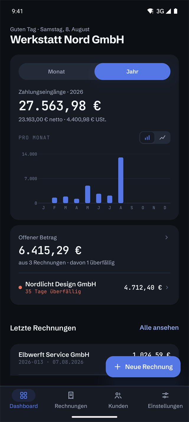 Dasselbe Dashboard der InvoiceWerk-App auf Android im Dunkelmodus