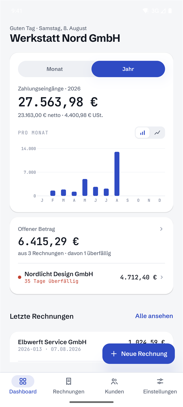 Dashboard der InvoiceWerk-App auf Android im Hellmodus